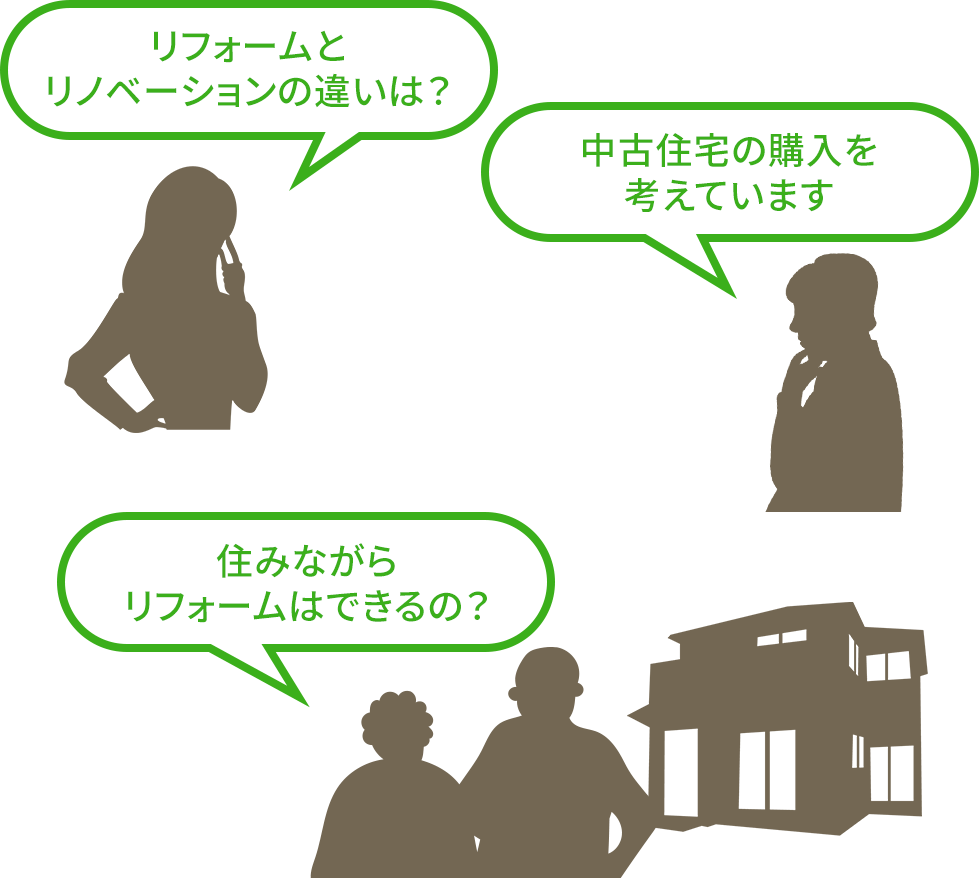 「リフォームとリノベーションの違いは？」「中古住宅の購入を考えています」「住みながらリフォームはできるの？」